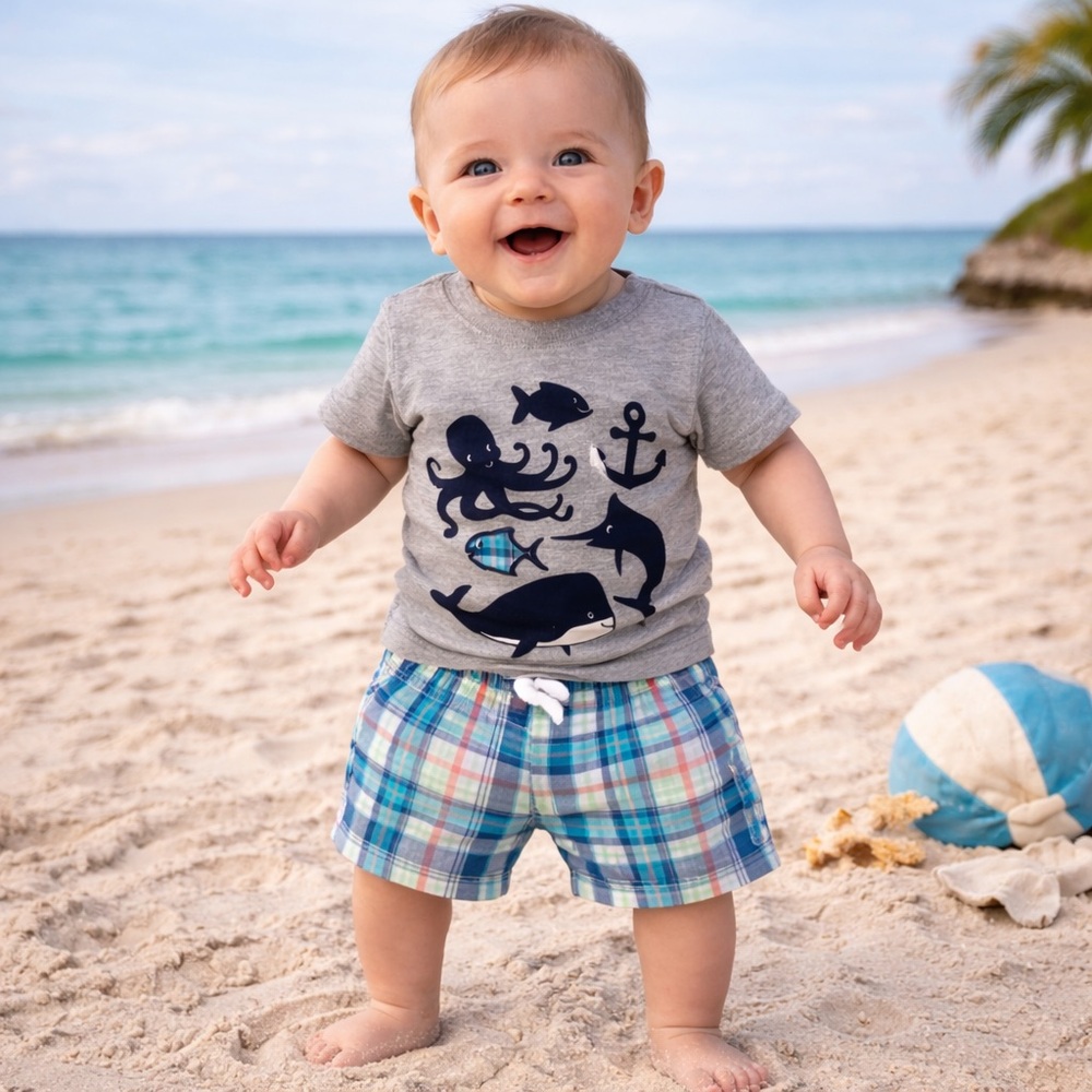 CARTER’S Graphic Tee & Plaid Shorts 2-Piece Matching Coord Set Embroidered Shirt